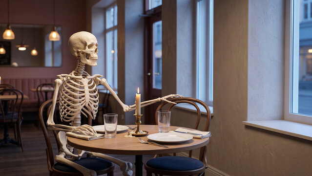 Skeleton Waiting Alone at a Restaurant Table by the Window