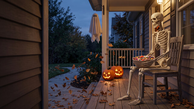 Skeleton Waiting on a Halloween Porch with Pumpkins
