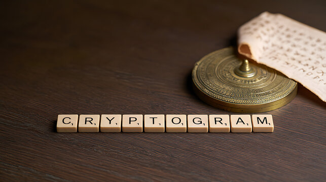 A wooden table displaying letter tiles spelling cryptogram next to an ancient brass decoder wheel and a coded message on aged paper page