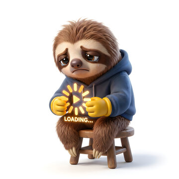 Sloth loading 3d illustration, frustrated animal waiting on a stool with a buffering symbol