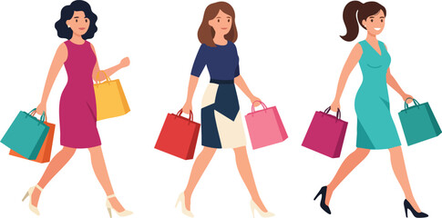 Fototapeta premium Three Women Shopping with Colorful Bags for Fashion and Retail
