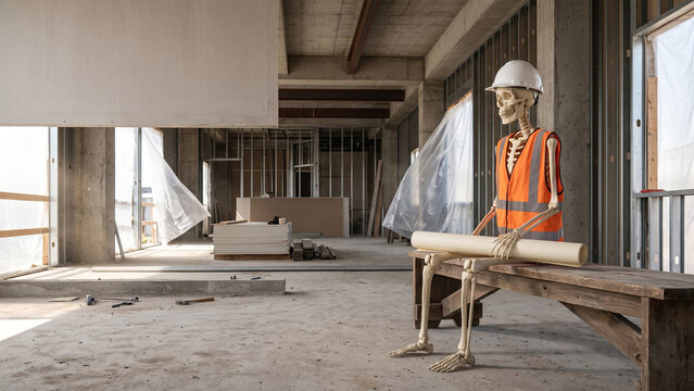 Skeleton in Safety Gear Waiting at an Unfinished Building Site