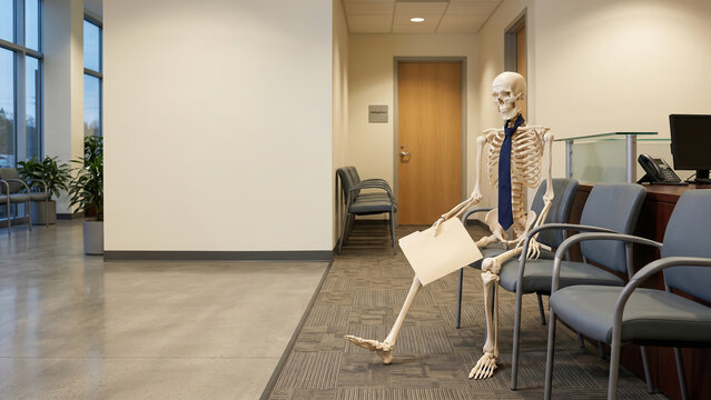Skeleton Waiting with a Document in an Office Lobby