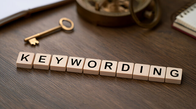 SEO keywording concept with letter tiles spelling out keywording on a wooden office desk next to an antique brass skeleton key and compas