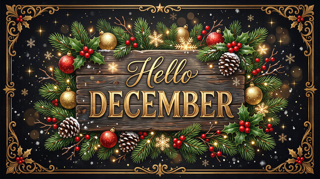 Hello december festive greeting card with golden text on a rustic wooden sign, decorated with pine branches, holly berries, and ornaments