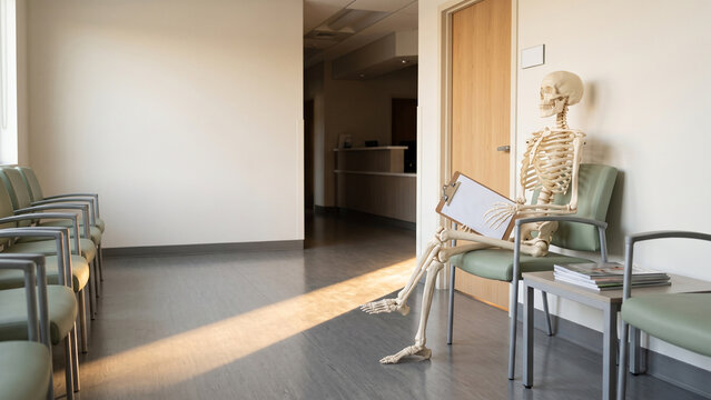 Skeleton Holding Papers While Waiting in a Bright Waiting Room