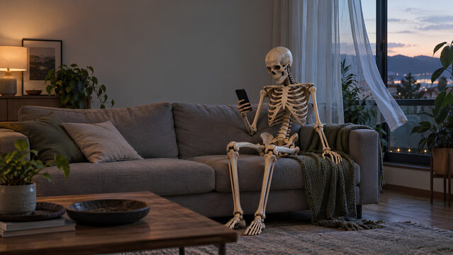 Skeleton Checking a Smartphone While Waiting at Home at Dusk