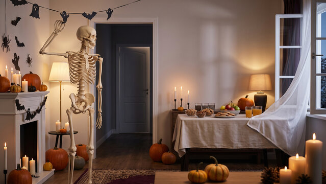 Skeleton Standing in a Halloween Decorated Dining Room