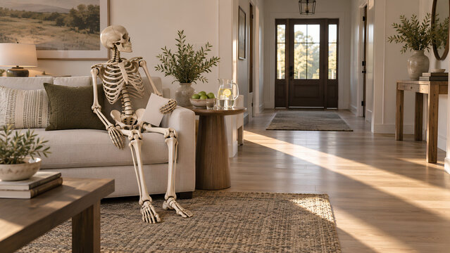 Skeleton Waiting on a Sofa in a Bright Living Room