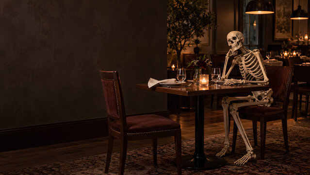 Skeleton Waiting Alone at a Candlelit Restaurant Table