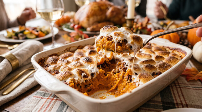 Sweet potato casserole with marshmallows on a festive holiday table  