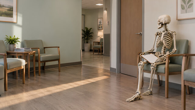 Skeleton Waiting Alone in a Bright Waiting Room