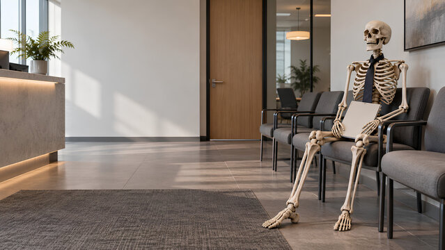Skeleton Waiting Alone in a Bright Office Lobby