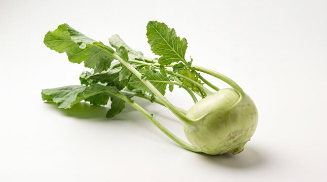 Fresh whole kohlrabi with leafy green stems isolated on a white background, crisp cruciferous vegetable for cooking, vegetarian meals, and seasonal produce