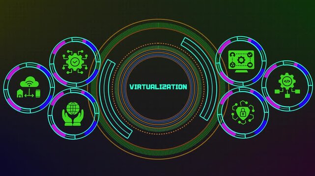 VIRTUALIZATION cloud technology interface representing virtual systems, connected infrastructure, secure networks and modern computing architecture.