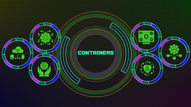 CONTAINERS technology concept showing cloud infrastructure, software services, secure networking and scalable digital application architecture.
