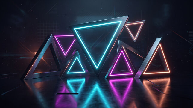 Abstract composition of glowing neon triangles in various colors on a dark reflective surface, futuristic digital art background