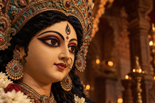 Closeup goddess durga idol with intricate crown and warm temple lamps capturing mahalaya devotion during traditional durga puja festivities in bengal india