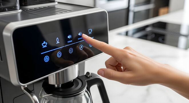 Modern coffee machine touch panel with blue led icons provides easy beverage customization.