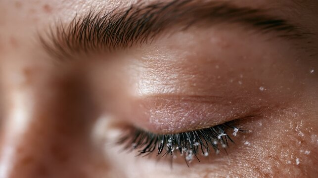 Woman&rsquo;s closed eye with visible flakes on the eyelashes and dry textured eyelid skin
