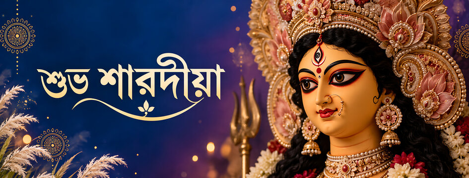 Elegant goddess durga portrait with festive blue background and kans grass symbolizing mahalaya arrival before grand durga puja celebrations across bengal india