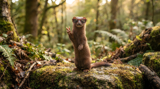 Cute small brown weasel standing on an old tree stump in a sunny green forest during the daytime