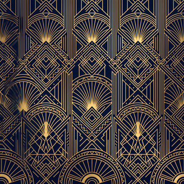 Art deco geometric pattern background with gold and dark blue ornate symmetrical designs