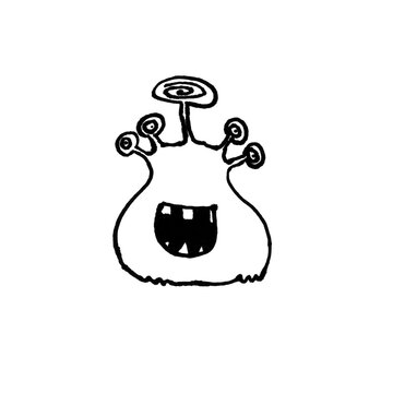 Hand Drawn Doodle Cute Blob Monster with Spiral Stalk, Simple Black Line Art Creature