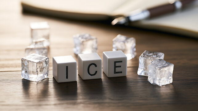 Letters spelling ice block word game on wooden desk surface with melting ice cubes drink background concept corporate symbol layout office