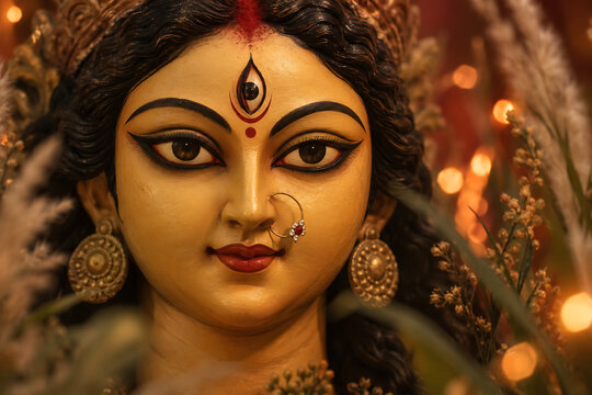 Traditional goddess durga idol closeup framed by kans grass and warm lights capturing mahalaya devotion during sacred durga puja festival in bengal