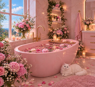 A pretty, cozy pink design bathtub with a cuddly cat in a bathroom full of flowers. Perfect for relaxing among the flowers for the best me time.
