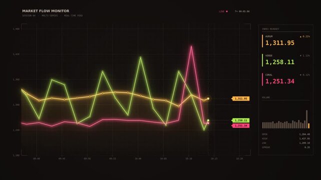 Market Flow Monitor chart with glowing gold, green and pink lines plotting live index values, volume bars and price readout
