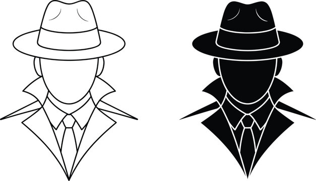 Detective or secret agent bust with fedora hat and popped collar trench coat in line and solid fill avatar
