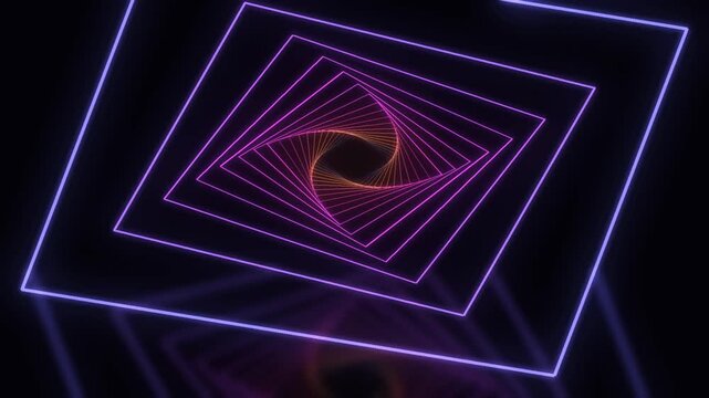 Hypnotic neon square tunnel, abstract geometric light animation, vibrant purple and orange glowing lines, futuristic digital background, mesmerizing spiral motion graphic for events and