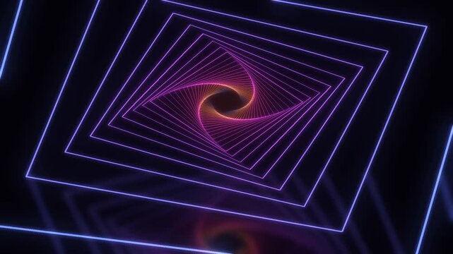 Hypnotic neon tunnel, abstract geometric light show, futuristic vibrant purple and orange glow, mesmerizing digital art background for modern visual projects 4k