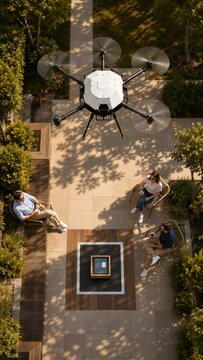 A large hexacopter drone flies over three people sitting and relaxing in a shaded outdoor garden patio with trees and benches.