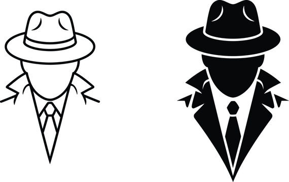 Two variations of a secret agent or spy avatar wearing a fedora hat and trench coat in black and white style