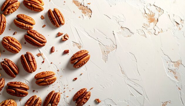 Whole pecans arranged on a bright textured background for a natural food design