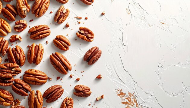 Pecan nuts filling the frame in a dense colorful food composition