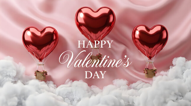 Three shiny heart shaped balloons floating as hot air balloons with happy valentines day text