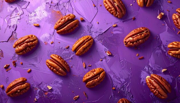 Whole pecans arranged on a bright textured background for a natural food design