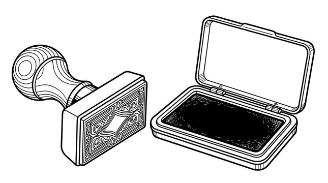 Vintage rubber stamp with wooden handle and open ink pad, classic office stationery line art, retro rubber stamp and inkwell illustration