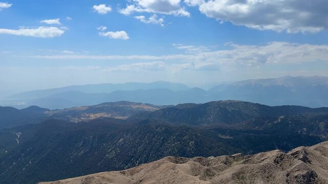 Panoramic view of mountainous landscape with rolling hills and valleys under a bright blue sky, showcasing the natural beauty of the terrain and distant peaks