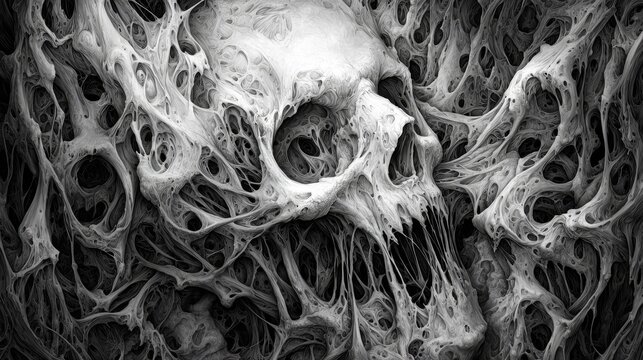 Intricate surreal skull artwork embedded in organic webbing structure for horror concept