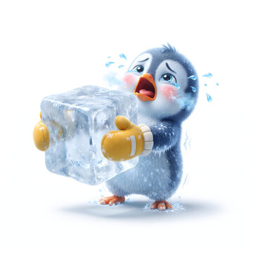 Cute crying penguin 3D illustration holding a giant ice cube with sad expression