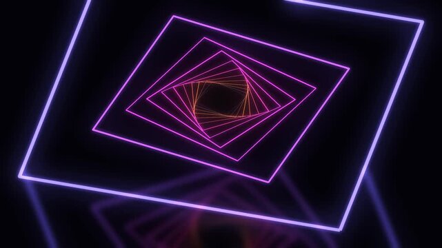 Hypnotic neon square tunnel, vibrant purple and orange glowing geometric shapes, futuristic abstract motion background, seamless loop for digital art and event visuals 4k