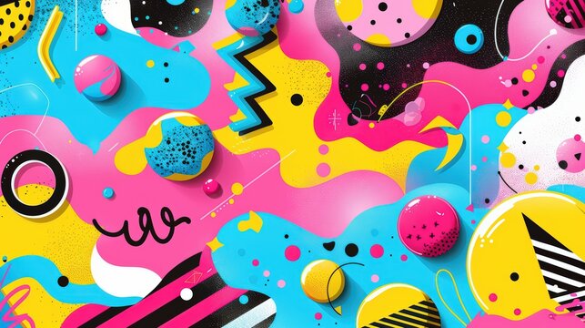 Vibrant abstract Memphis pattern with colorful geometric shapes