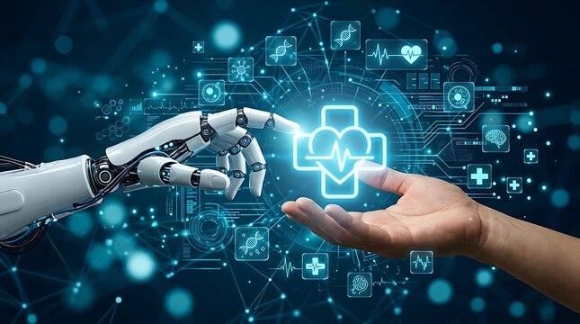 Artificial intelligence healthcare concept with robotic hand touching human palm, futuristic medical technology icons, digital health innovation
