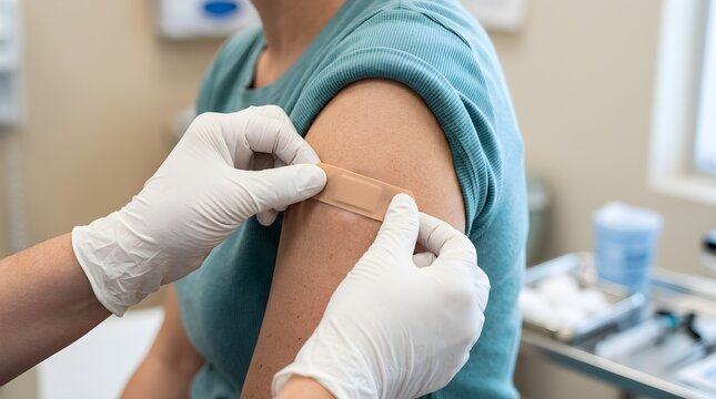 Healthcare worker applying adhesive bandage on patient arm after medical vaccine injection