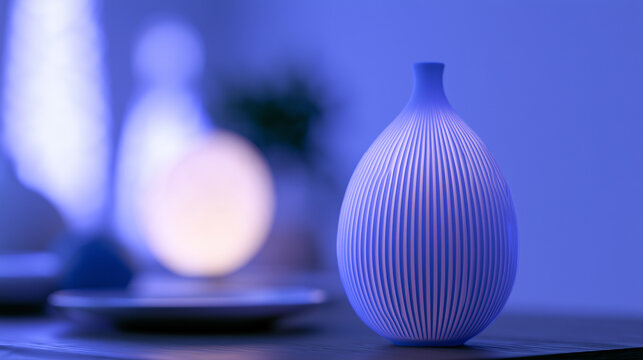 Modern ribbed ceramic lamp emitting ethereal blue glow inspired by the artistic light displays at the Guangzhou International Light Festival
